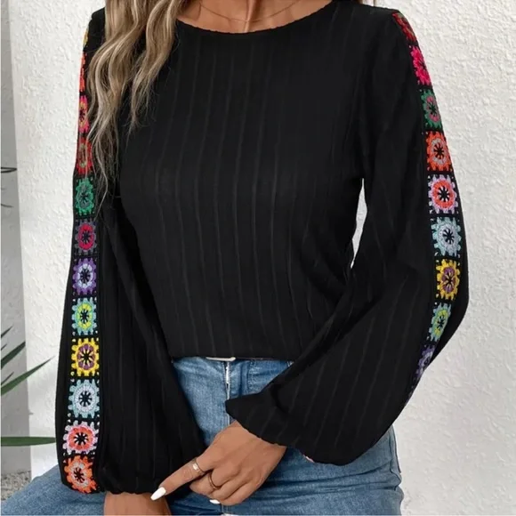 Chic Black Blouse with Colorful Embroidered Sleeves - Picture 2 of 5